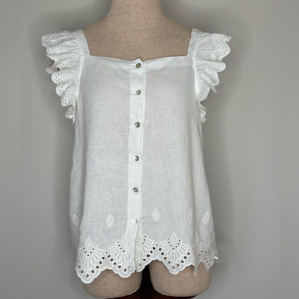 Nicole Miller Artelier White Linen Blend Eyelet Button Front Top Size Large